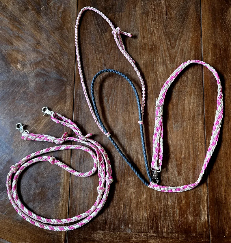 Two sets of braided reins on wood: Pink Pony Club, and a set with a black center section