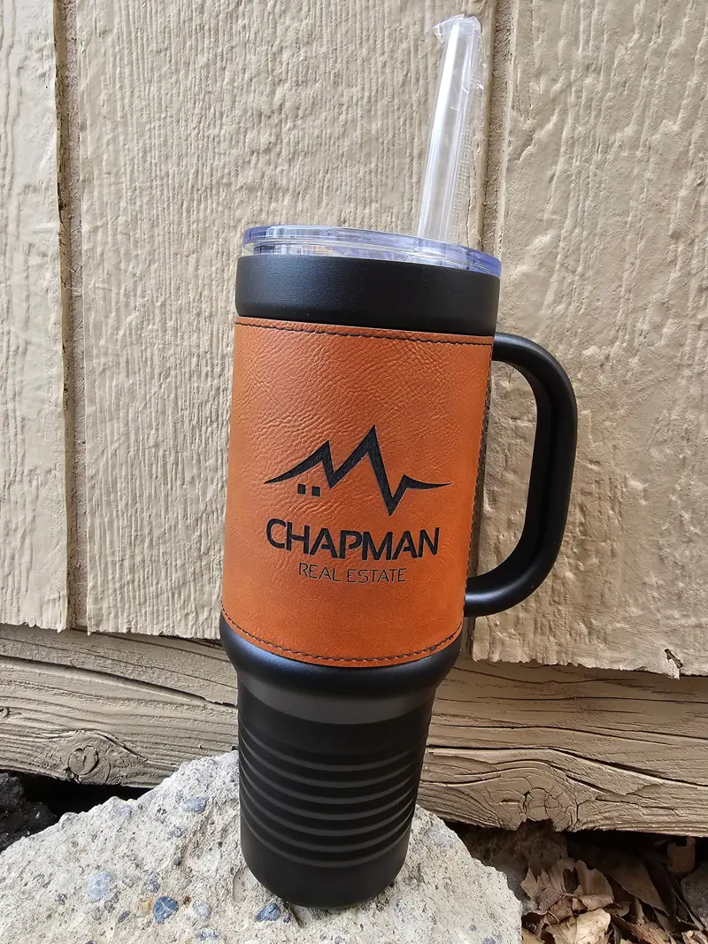 40 oz leatherette tumbler engraved with the Chapman mountain logo